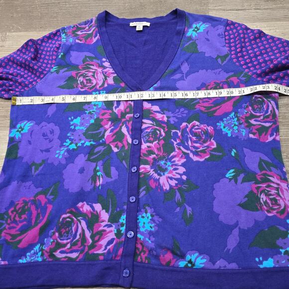 Isaac Mizrahi Live! Blue Floral Print V Neck Button Front Cardigan - Picture 4 of 6